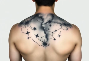 full milky way that covers the upper middle back and is geometric that also uses negative spaces to create a nebula tattoo idea