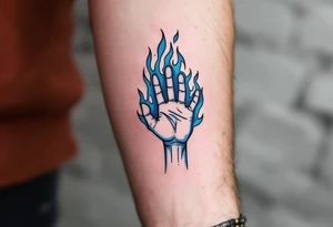 "Nehas, co te nepali." — A hand reaching out to untouched blue flames, surrounded by the quote in sharp charcoal-gray ink. tattoo idea