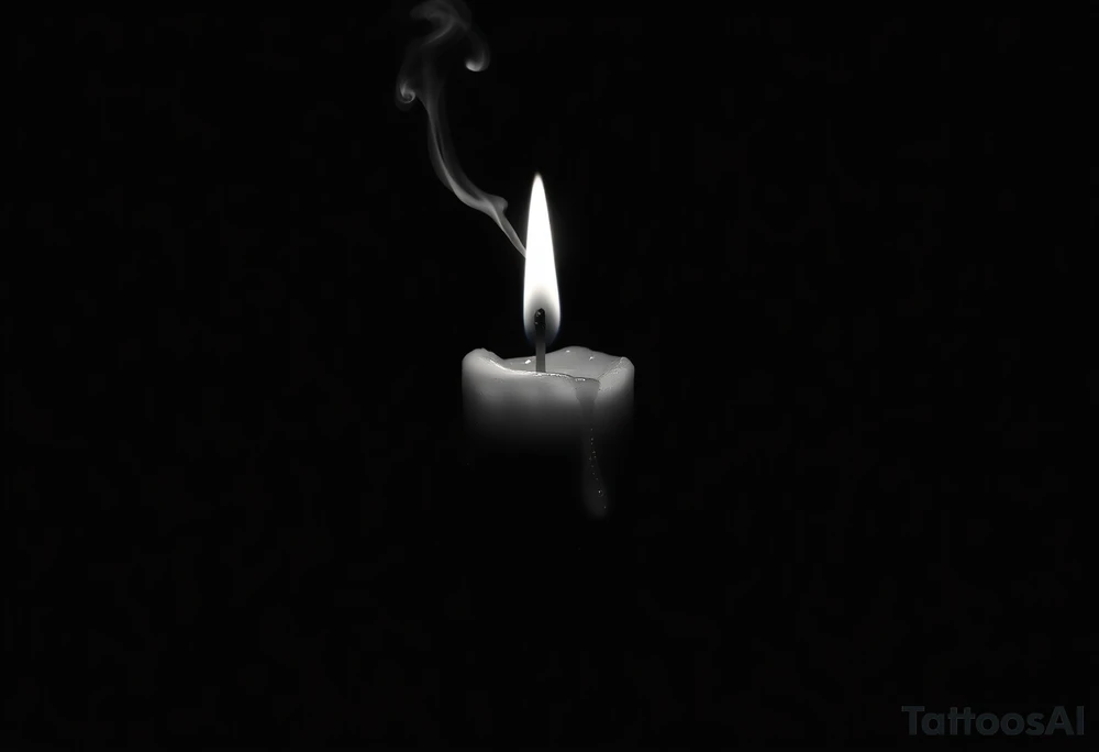 A candle burned almost all the way down, short and nearly spent, heavy
melted wax pooling and dripping down a thick, heavy, solid candle body.
The flame has just gone out — only a single thin, fragile, wavering
thread of smoke rises from the wick, with one tiny dim ember still
faintly glowing. Strong and heavy where the candle stands, delicate and
almost vanishing where the smoke fades. Somber, melancholic, quiet and
lonely, a sense of loss and fragility, lots of empty dark space around
it. Heavy solid blacks contrasted with a thin dying wisp. tattoo idea
