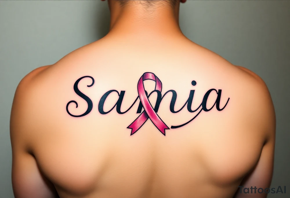 The name Samia. With a breast cancer (in pink) ribbon flowing off the last a. tattoo idea