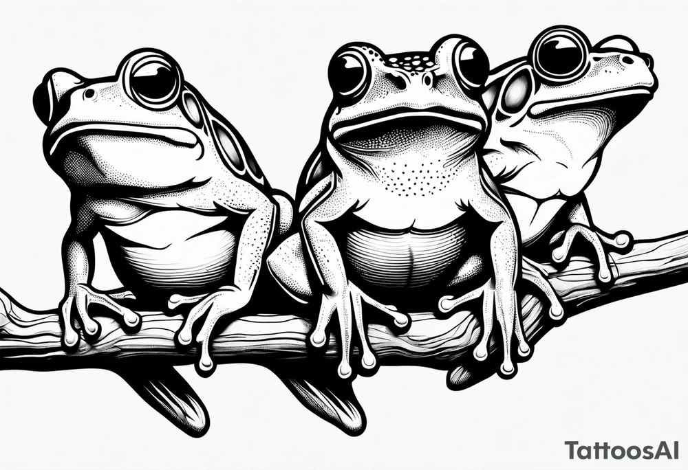 three funny frogs on a branch tattoo idea