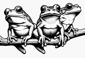 three funny frogs on a branch tattoo idea