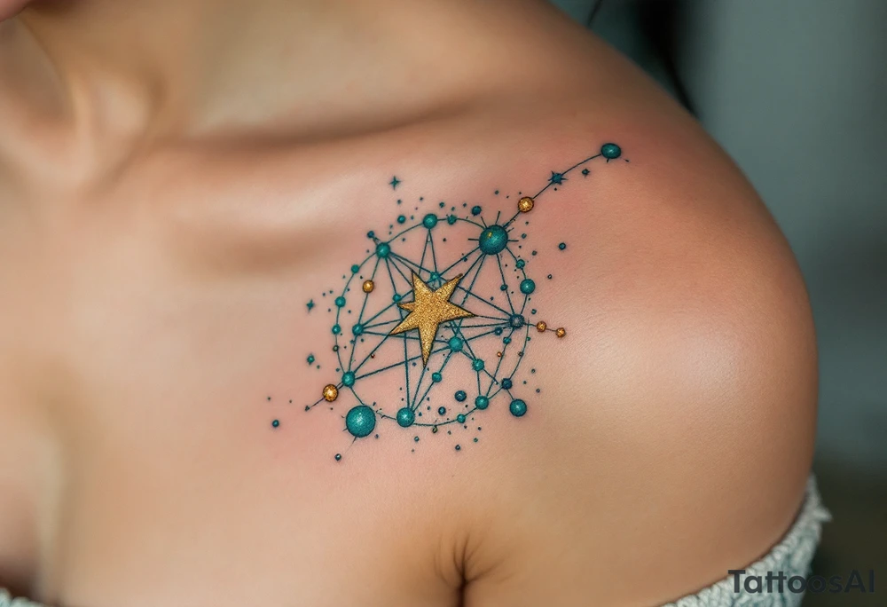 This Capricorn star constellation tattoo blends golden dots and teal lines for a cosmic, earth-meets-sky vibe captures zodiac’s essence. tattoo idea