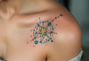 This Capricorn star constellation tattoo blends golden dots and teal lines for a cosmic, earth-meets-sky vibe captures zodiac’s essence. tattoo idea