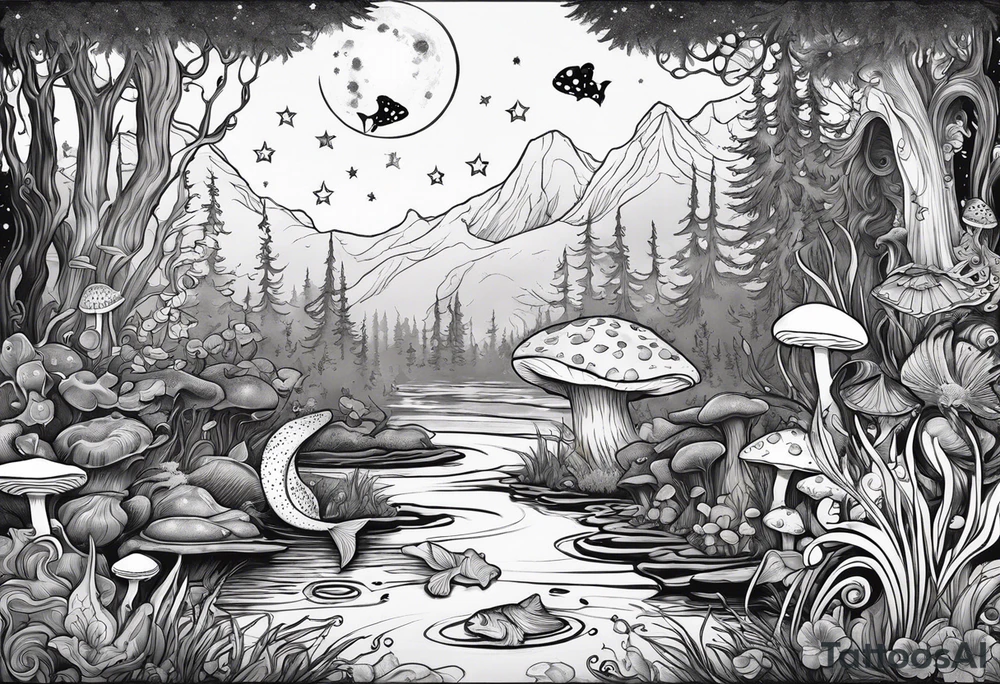 A mermaid under the stars in a swamp with cypress trees, mushrooms, frogs and bugs. tattoo idea