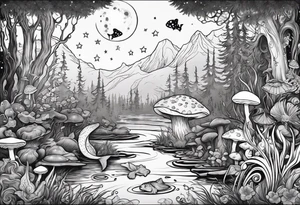 A mermaid under the stars in a swamp with cypress trees, mushrooms, frogs and bugs. tattoo idea