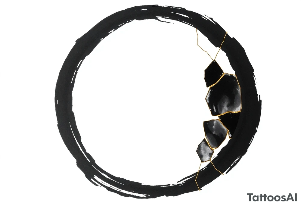 A Japanese‑inspired tattoo of a thick Zen ensō circle, drawn with a bold, hand‑painted black ink brushstroke. The circle is imperfect and organic, with visible texture and subtle variation in line thickness. About the last quarter of the circle, near the top‑right, transforms into a cracked ceramic segment that has been repaired using kintsugi: visible broken pieces outlined and joined by thin, flowing gold lines. There should be a couple big pieces rather than lots of small ones. The circle and the ceramic part should have the same thickness. The gold seams follow the natural fractures of the ceramic section, creating several branching cracks rather than a single line, clearly distinguishing this repaired portion from the rest of the smooth ink circle. The transition from ink to ceramic should feel natural, as if the painted circle solidifies into a fragile object that has been lovingly mended. Keep the interior of the circle empty, with a clean white background and no extra symbols or text. Design it as a black and gray tattoo with a subtle metallic gold effect on the kintsugi seams, suitable for a medium‑sized placement on the back of the bicep. tattoo idea