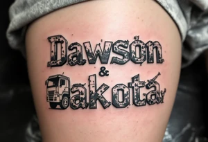 Dawson and Dakota spelled with legos and trucks and animals tattoo idea