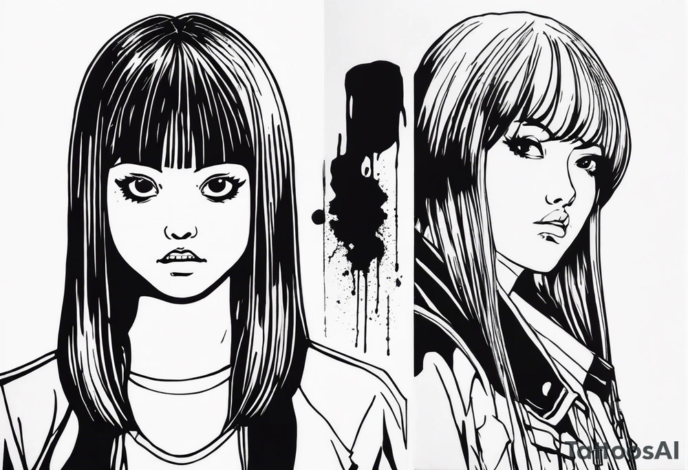 portrait of tomie standing up a character by the horror manga author junji ito full body standing murderously. add more horror and gore elements tattoo idea