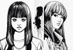 portrait of tomie standing up a character by the horror manga author junji ito full body standing murderously. add more horror and gore elements tattoo idea