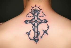 A very detailed and big cross that has thorn vines from a rose wrapping around it but with no flower just the thorns vines and then a halo above the cross with clouds around it tattoo idea