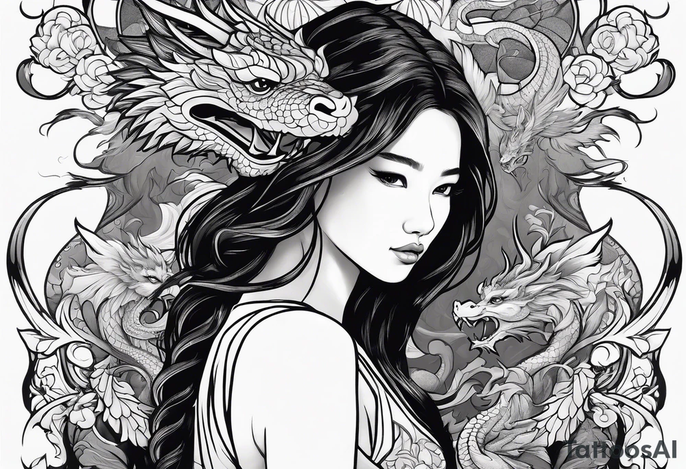a girl seen from far, surrounded by asian dragon with wings tattoo idea