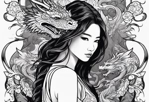 a girl seen from far, surrounded by asian dragon with wings tattoo idea