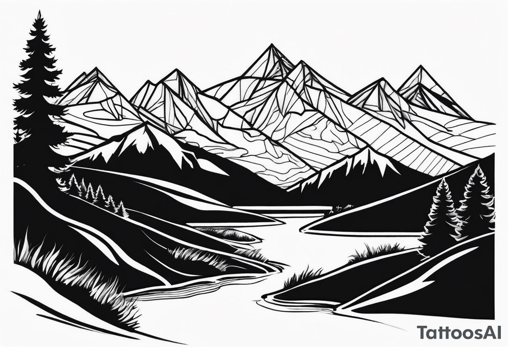 Mountains valley trees tattoo idea