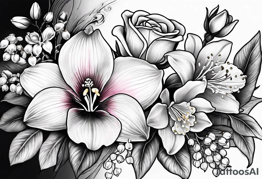 Rose, orchid, lily of the valley, dog wood flowers tattoo idea