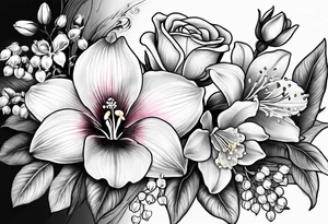 Rose, orchid, lily of the valley, dog wood flowers tattoo idea