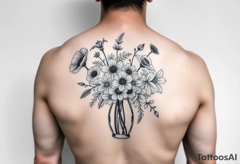 poppy, gladiolus, holly, narcissistic, poinsettia, daisy, and sweet pea arm tattoo in a vase tattoo idea