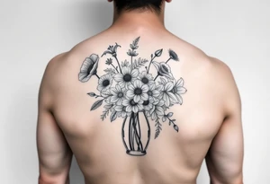 poppy, gladiolus, holly, narcissistic, poinsettia, daisy, and sweet pea arm tattoo in a vase tattoo idea