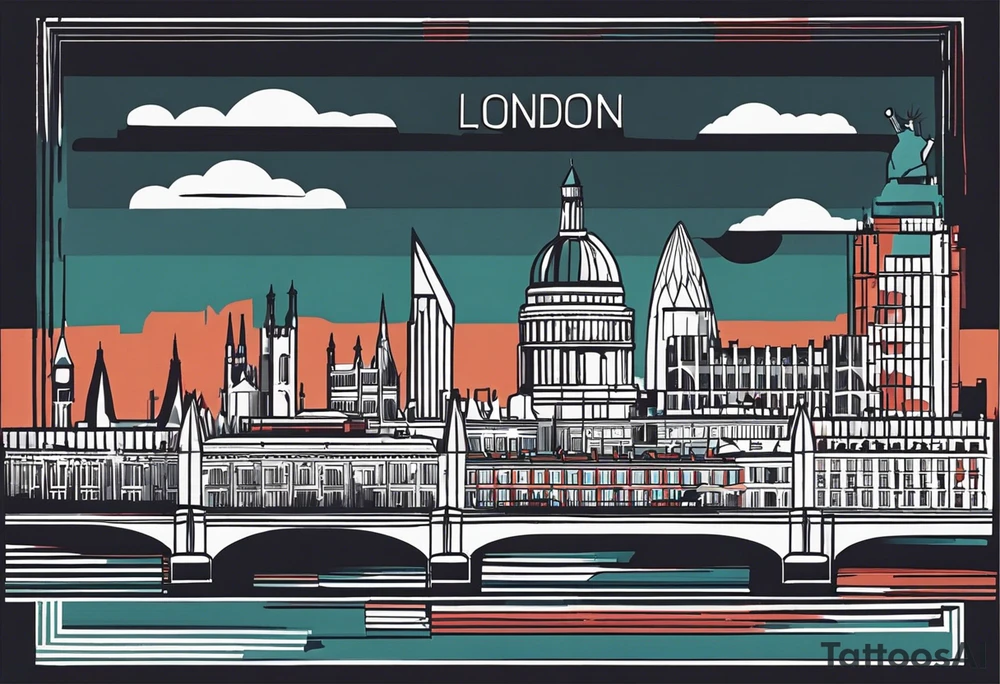 A minimalistic, abstract design capturing the architectural essence and vibe of London. Key elements of London’s skyline and structure are hinted at with clean lines, and subtle detailing includes personal touches, like a nod to Feid’s signature look (hat, glasses, mustache), integrated discreetly to honor a memorable concert experience. tattoo idea