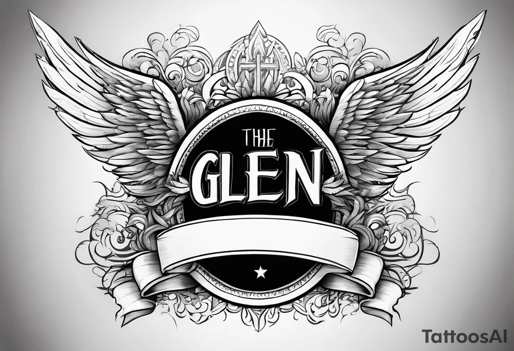 The word Glenn on a banner with angel Wings tattoo idea