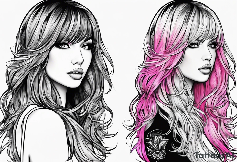 Make a outline of long hair with bangs and pink highlights in the back tattoo idea