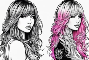 Make a outline of long hair with bangs and pink highlights in the back tattoo idea