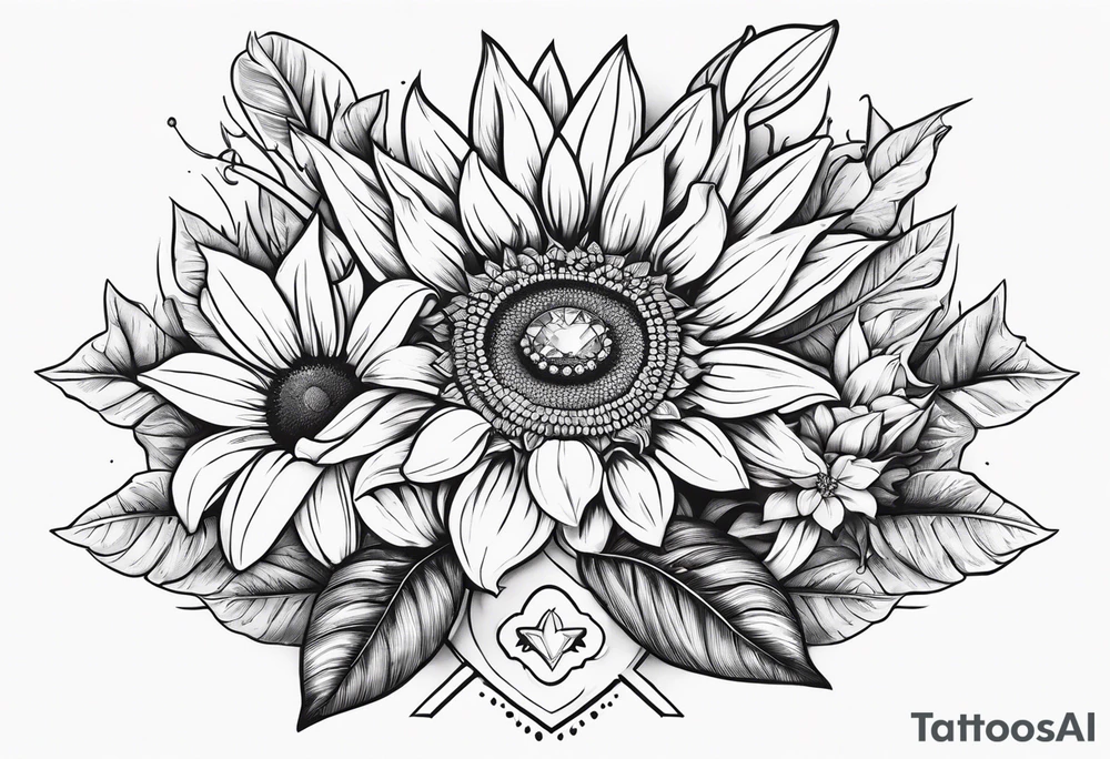 Small cluster containing a sunflower, lily, pot leaf, and a jewel tattoo idea