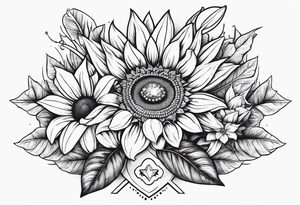 Small cluster containing a sunflower, lily, pot leaf, and a jewel tattoo idea