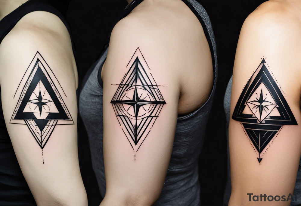 “Generate a minimalist tattoo design with three filled-in shapes arranged in a triangle formation. The top shape should be a geometric heart representing health, the bottom left a compass rose symbolizing purpose, and the bottom right three circles forming a triangle to signify family. The design should focus solely on the filled-in shapes without any additional ornaments, emphasizing simplicity and clean lines.” tattoo idea
