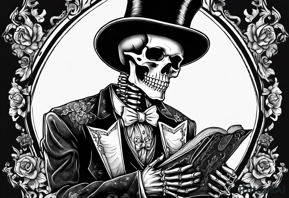 skeleton with skin falling off wearing a top hat holding a holy bible tattoo idea