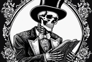 skeleton with skin falling off wearing a top hat holding a holy bible tattoo idea
