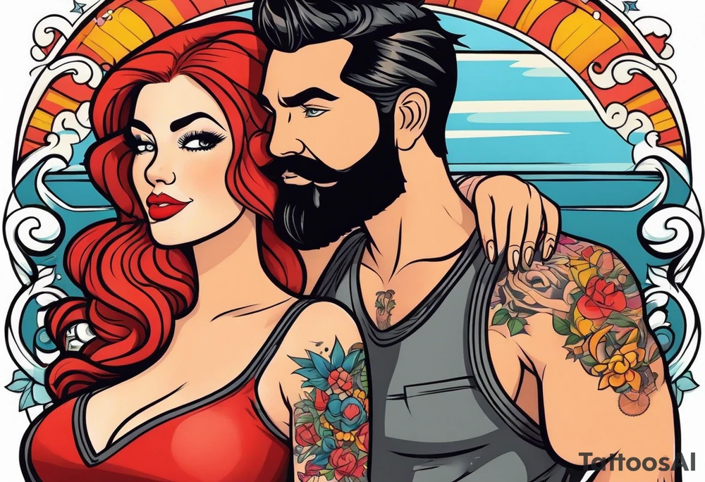 Busty Red haired woman with black haired bearded man tattoo idea