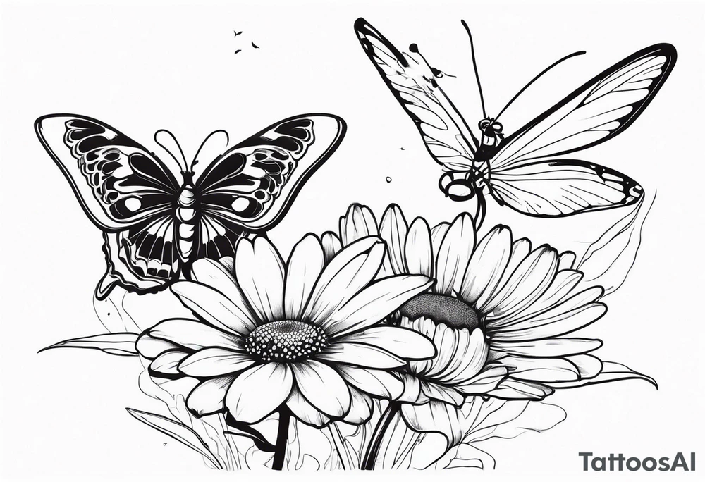 Daisy flower  and butterfly with dragon fly tattoo idea