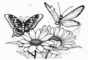 Daisy flower  and butterfly with dragon fly tattoo idea