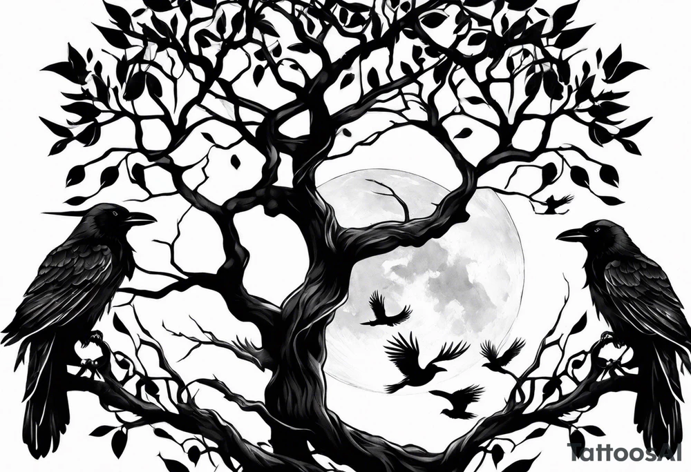 3 ravens perched on the tree of life tattoo idea