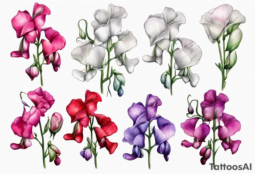 cascading field 
sweet pea flowers, multi color tattoo idea