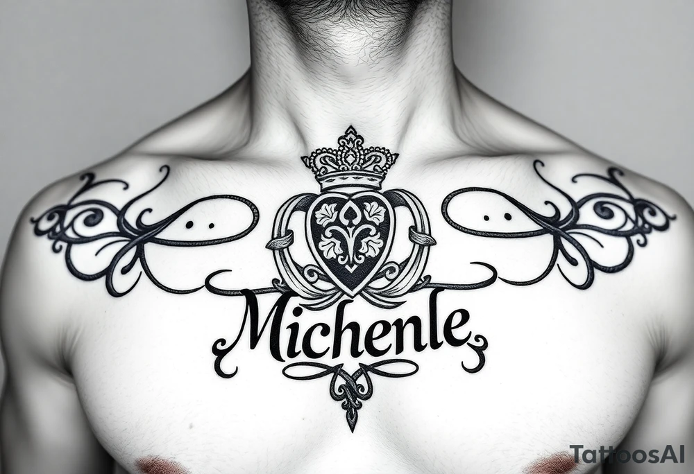 Create a tattoo on a man’s chest if a woman’s name. Claddagh and the name Michelle. Irish themed with Celtic knot design throughout. tattoo idea