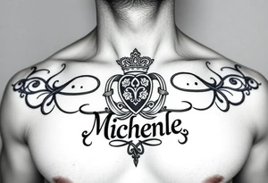 Create a tattoo on a man’s chest if a woman’s name. Claddagh and the name Michelle. Irish themed with Celtic knot design throughout. tattoo idea