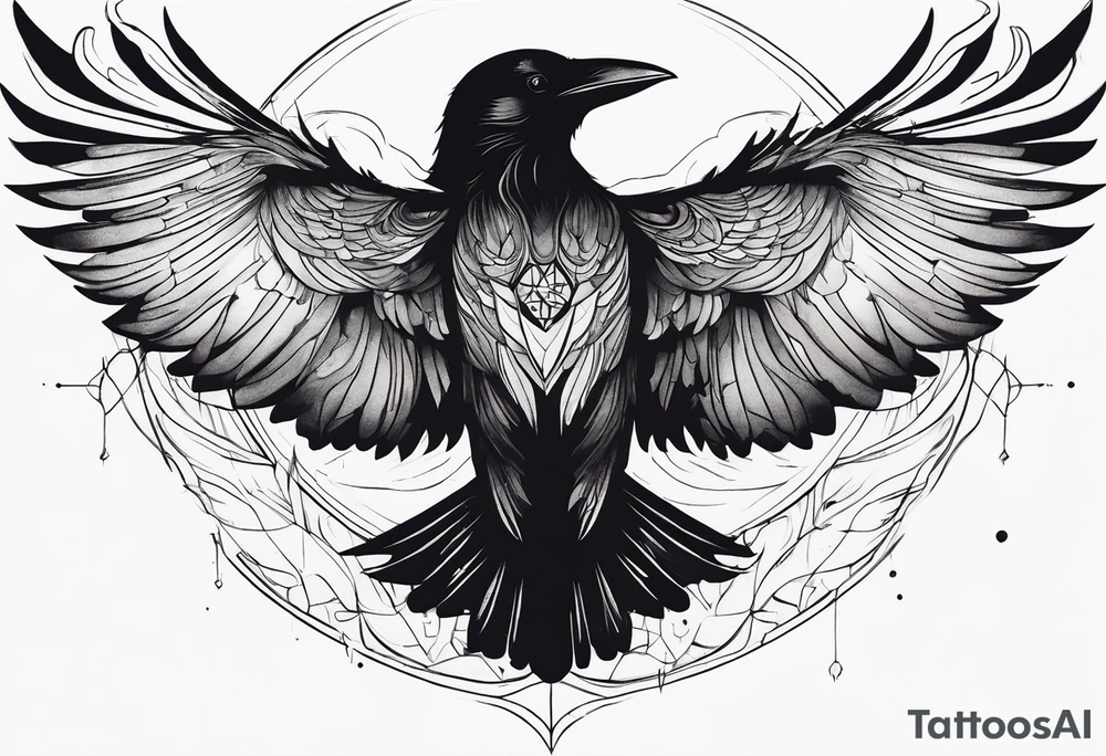 Raven flying, in battle, knowing, light behind its eyes, ethereal tattoo idea