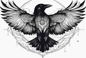 Raven flying, in battle, knowing, light behind its eyes, ethereal tattoo idea