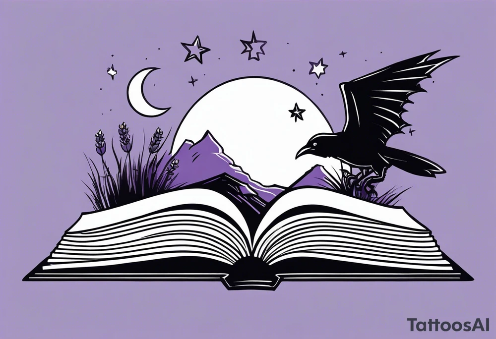 an open fantasy book. a high flying dragon. A pawn piece. a cluster of lavender with a bee under book. A raven. Stars and moon tattoo idea
