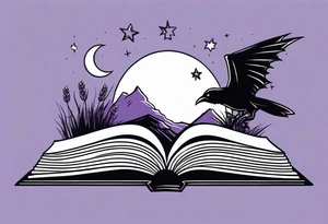 an open fantasy book. a high flying dragon. A pawn piece. a cluster of lavender with a bee under book. A raven. Stars and moon tattoo idea