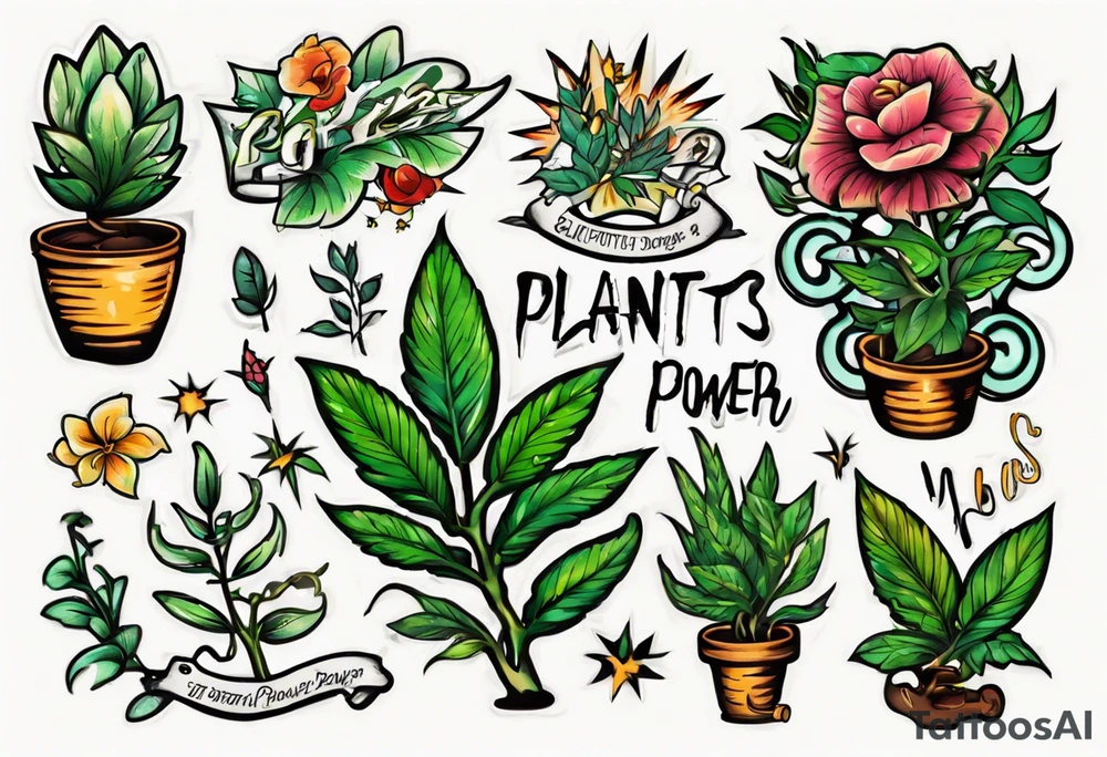 Words “Plant Power” with plants tattoo idea