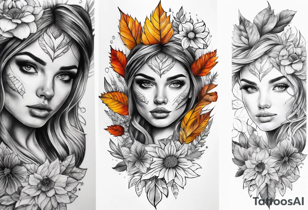 Front knee tattoo with fall colors, flowers, leaves, water tattoo idea