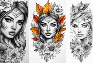 Front knee tattoo with fall colors, flowers, leaves, water tattoo idea