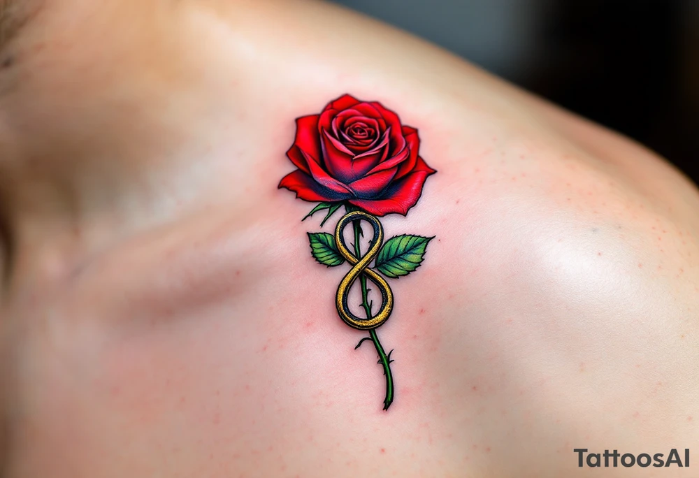 Description: A detailed rose with its stem forming an infinity symbol, with the couple’s wedding date beautifully incorporated into the design. Red rose with green leaves, gold for the infinity symbol, and black for the date. tattoo idea