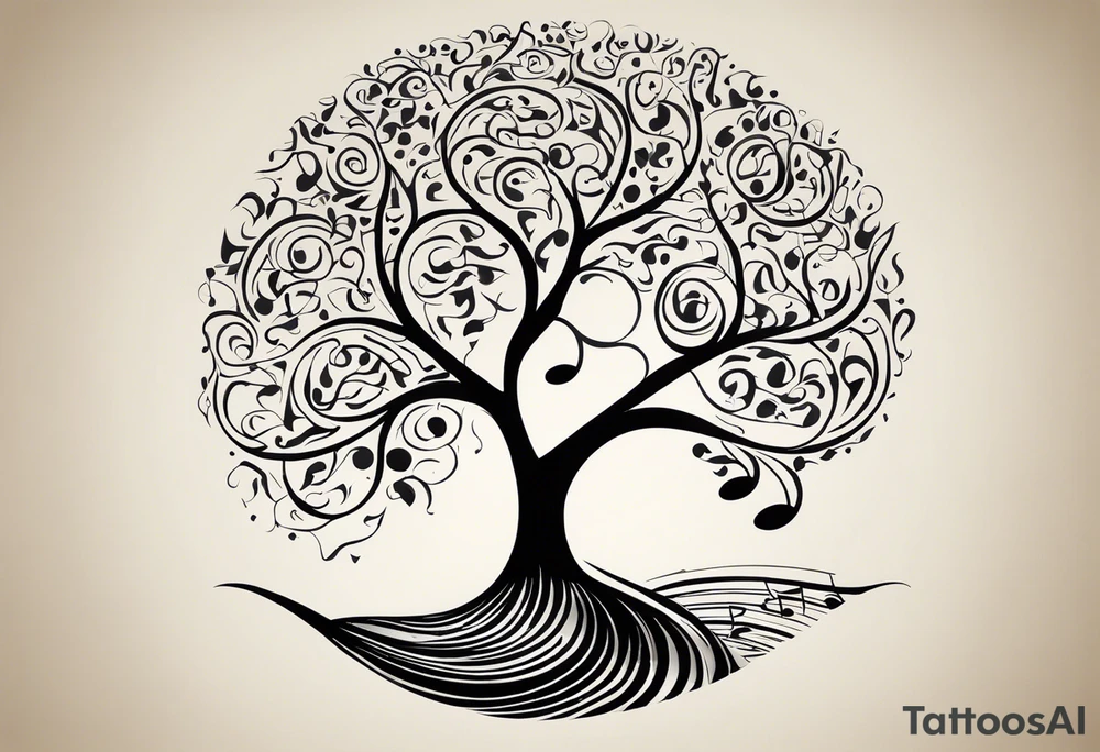 A tattoo design that incorporates the following elements: an abstract tree of life that has roots emerging  from the ground. Waves of water wrap around the tree in a non symmetrical design.  Incorporate musical notes into the tree. the letters U and A are overlapping and engraved into the tree. incorporate a golf ball or golf course symbols like a flag but not prominent. tattoo idea