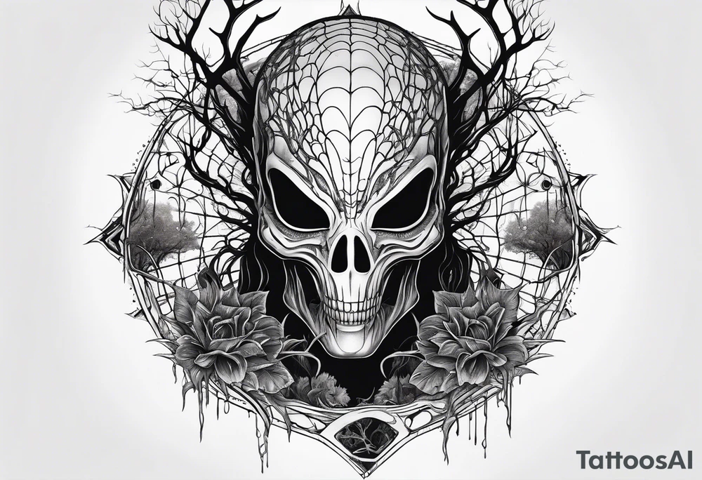 Alien surrounded by spiderwebs and dead trees tattoo idea Alien surrounded by spiderwebs and dead trees tattoo idea