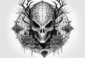 Alien surrounded by spiderwebs and dead trees tattoo idea