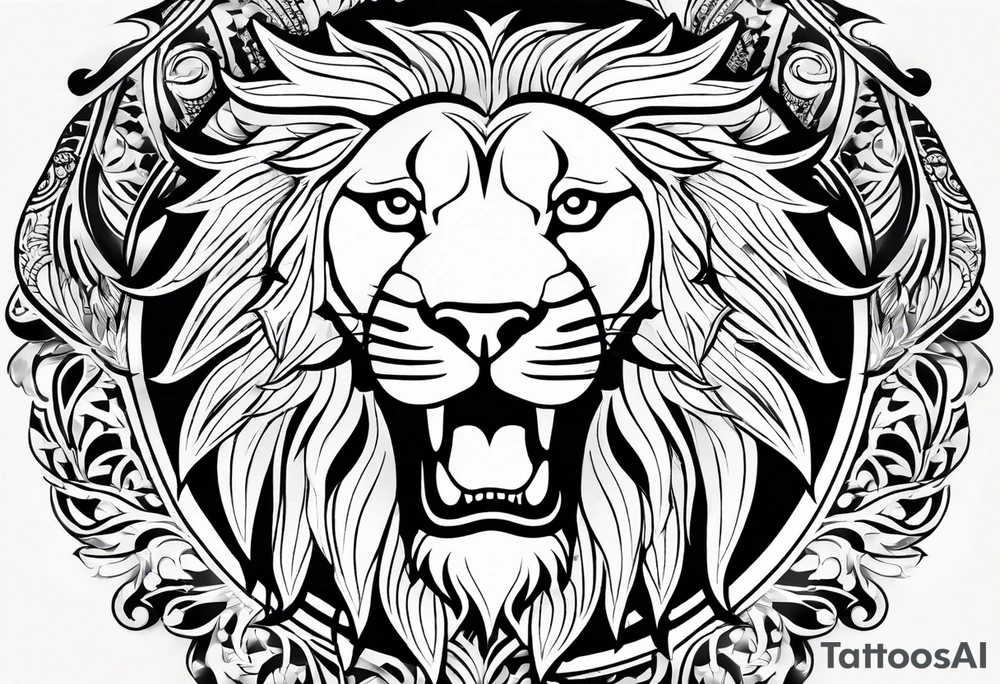 arm sleeve. for a man. tribal tattoo style, symmetric, white background. Include a realistic lion tattoo idea